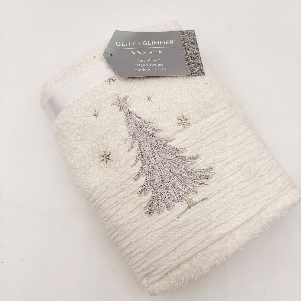 Glitz + Glimmer White Christmas Tree Embroidered Hand Towels Set of 2 Cotton NEW
